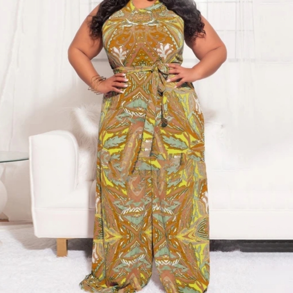 CM.YAYA Khaki Paisley Sleeveless Wide Leg Straight Jumpsuit Size XXXL NWOT